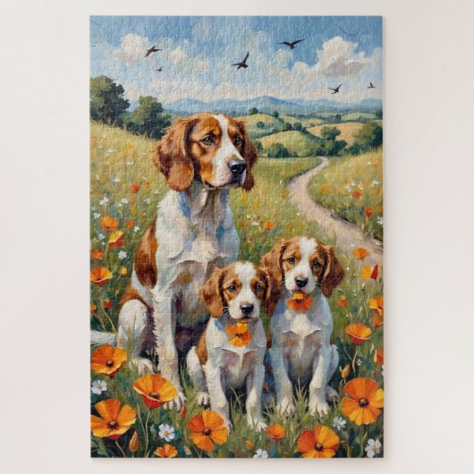 Brittany Spaniel Klaproosveld Kunst Legpuzzel (Verticaal)