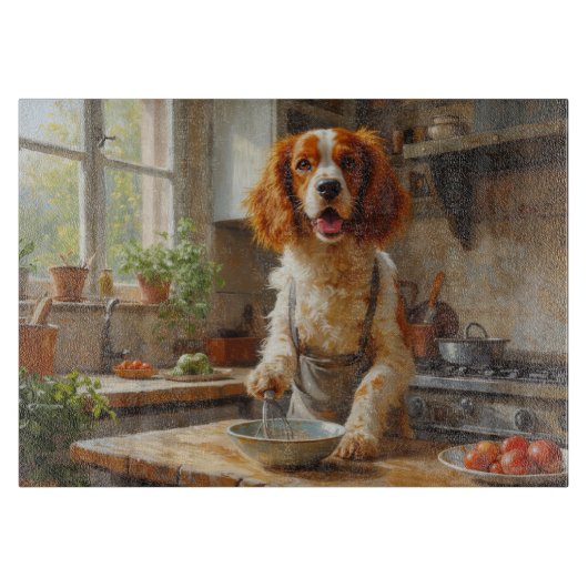 Brittany Spaniel Kookt in Keuken Snijplank (Voorkant)