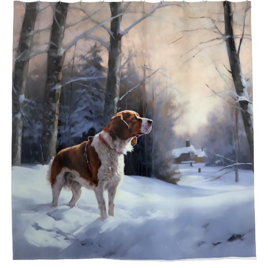 Brittany Spaniel Laat het sneeuwen Kerstmis Douchegordijn (Voorkant)
