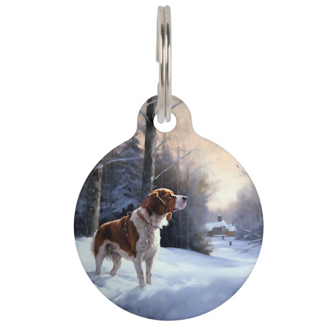 Brittany Spaniel Laat het sneeuwen Kerstmis Huisdierpenning (Voorkant)