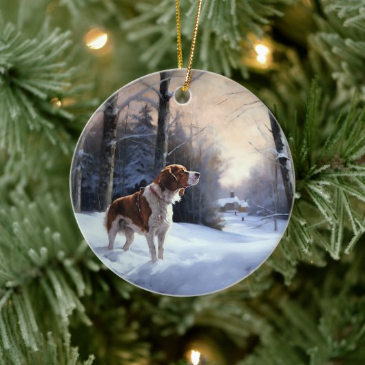 Brittany Spaniel Laat het sneeuwen Kerstmis Keramisch Ornament (Boom)