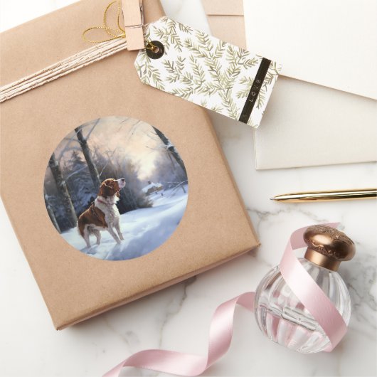 Brittany Spaniel Laat het sneeuwen Kerstmis Ronde Sticker (Geschenken)
