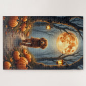 Brittany Spaniel Maanverlichte Bos Halloween Kunst Legpuzzel (Horizontaal)
