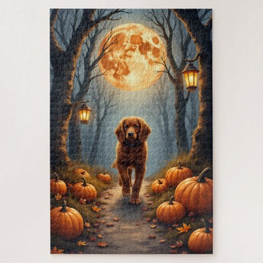 Brittany Spaniel Maanverlichte Bos Halloween Kunst Legpuzzel (Verticaal)