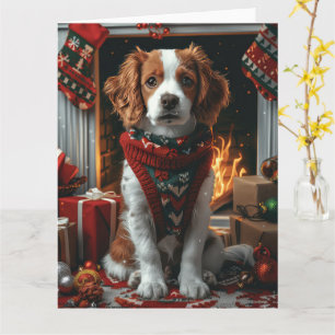 Brittany Spaniel met kerstcadeaus open haard Kaart