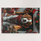 Brittany Spaniel met kerstcadeaus open haard Legpuzzel (Horizontaal)