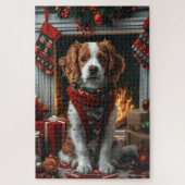 Brittany Spaniel met kerstcadeaus open haard Legpuzzel (Verticaal)