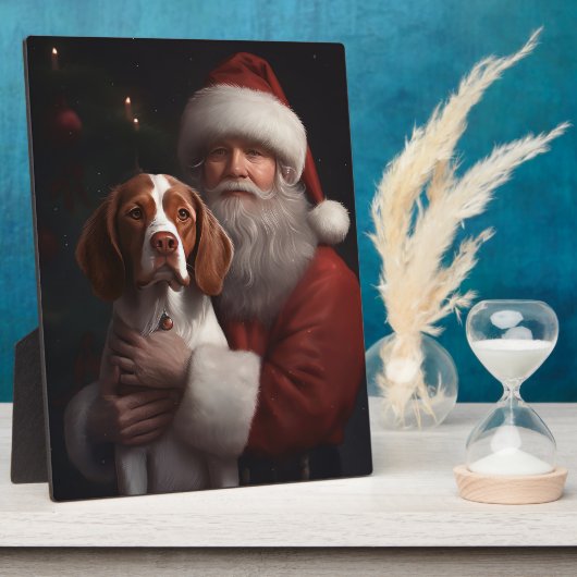 Brittany Spaniel met Kerstman Kerstmis Fotoplaat (Zijkant)