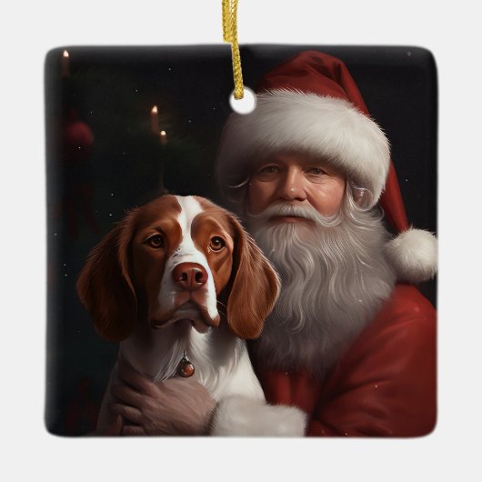 Brittany Spaniel met Kerstman Kerstmis Keramisch Ornament (Voorkant)