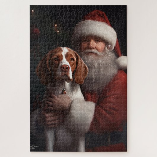 Brittany Spaniel met Kerstman Kerstmis Legpuzzel (Verticaal)