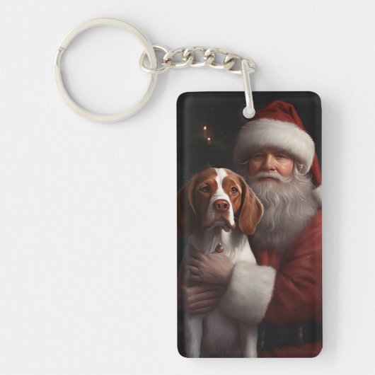 Brittany Spaniel met Kerstman Kerstmis Sleutelhanger (Voorkant)