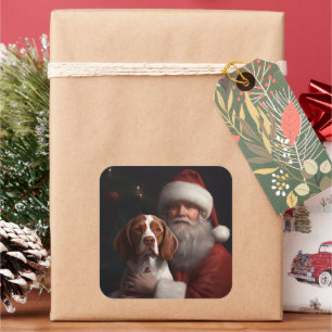 Brittany Spaniel met Kerstman Kerstmis Vierkante Sticker