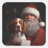 Brittany Spaniel met Kerstman Kerstmis Vierkante Sticker (Voorkant)