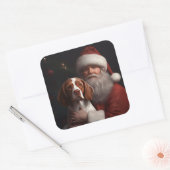 Brittany Spaniel met Kerstman Kerstmis Vierkante Sticker (Envelop)