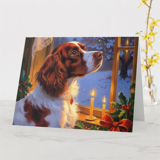 Brittany Spaniel met kerstverlichting Vakantie Kaart (Gele Bloem)
