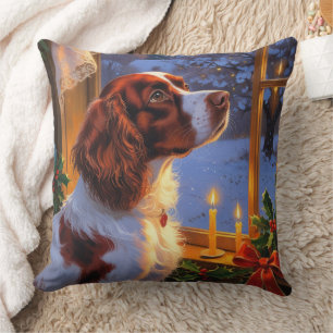 Brittany Spaniel met Kerstverlichting Vakantie  Kussen
