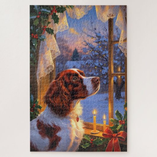 Brittany Spaniel met Kerstverlichting Vakantie Legpuzzel (Verticaal)