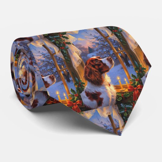 Brittany Spaniel met Kerstverlichting Vakantie  Stropdas (Opgerold)