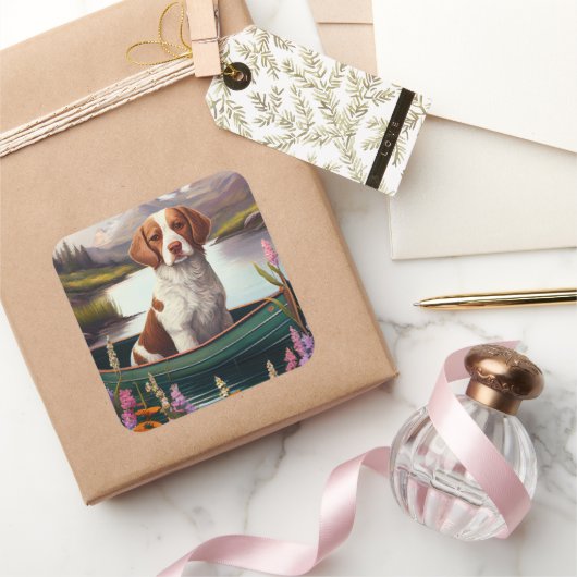 Brittany Spaniel op een peddel: Een Schilderachtig Vierkante Sticker (Geschenken)