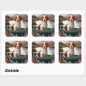 Brittany Spaniel op een peddel: Een Schilderachtig Vierkante Sticker (Vel)