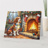 Brittany Spaniel Open Haard met Kerstverlichting Kaart (Voorkant)