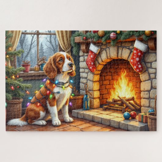 Brittany Spaniel Open Haard met Kerstverlichting Legpuzzel (Horizontaal)