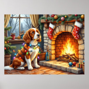 Brittany Spaniel Open Haard met Kerstverlichting Poster