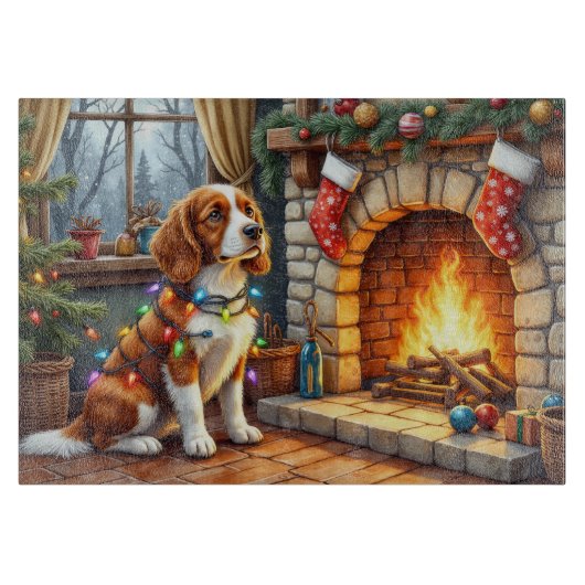 Brittany Spaniel Open Haard met Kerstverlichting Snijplank (Voorkant)