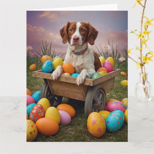 Brittany Spaniel  Pasen Eieren Kaart (Gele Bloem)