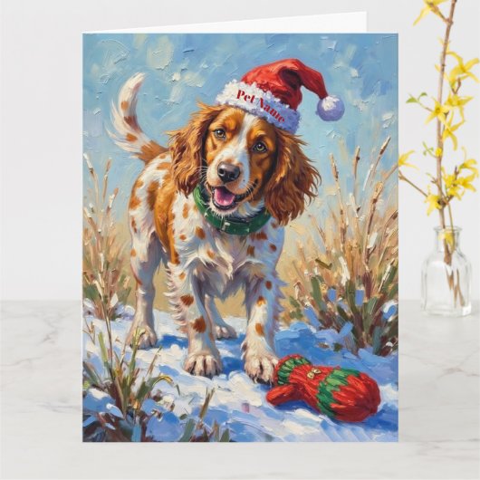 Brittany Spaniel Pointing at Santa's Glove Hat Kaart (Gele Bloem)