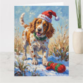 Brittany Spaniel Pointing at Santa's Glove Hat Kaart (Voorkant)