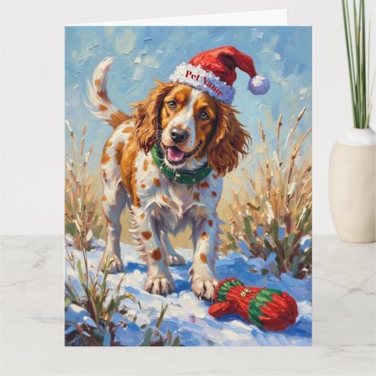 Brittany Spaniel Pointing at Santa's Glove Hat Kaart (Voorkant)
