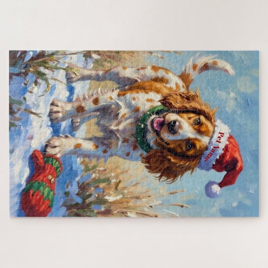 Brittany Spaniel Pointing at Santa's Glove Hat Legpuzzel (Horizontaal)