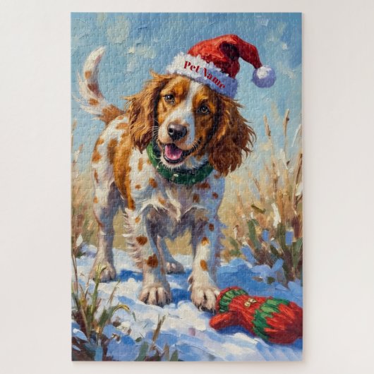 Brittany Spaniel Pointing at Santa's Glove Hat Legpuzzel (Verticaal)