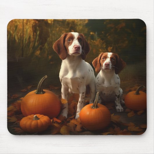 Brittany Spaniel Pup Autumn Delight Pompoen Muismat (Voorkant)