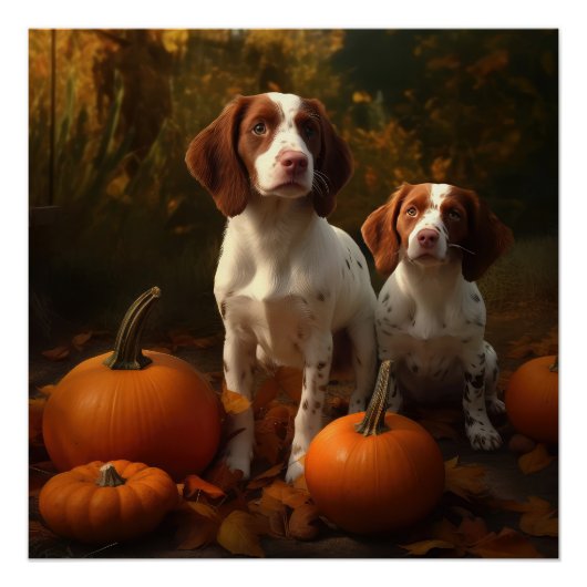 Brittany Spaniel Puppy Herfst Delight Pompoen Perfect Poster (Voorkant)