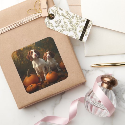 Brittany Spaniel Puppy Herfst Delight Pompoen Vierkante Sticker (Geschenken)