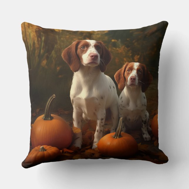 Brittany Spaniel Puppy Herfst Plezier Pompoen  Kussen (Achterkant)