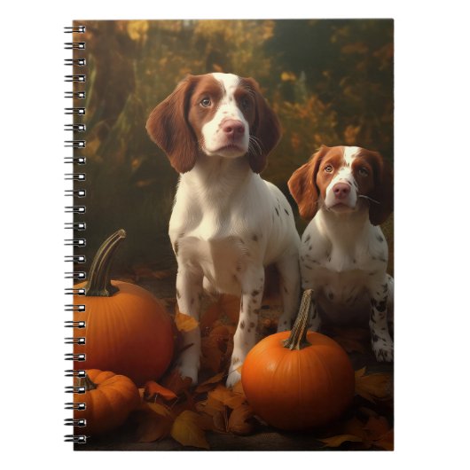 Brittany Spaniel Puppy Herfstvreugde Pompoen Notitieboek (Voorkant)