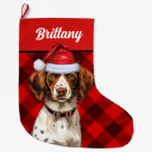 Brittany Spaniel Red Buffalo Plaid Gepersonaliseer Grote Kerstsok (Voorkant)