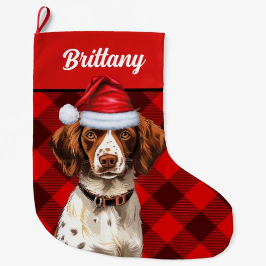Brittany Spaniel Red Buffalo Plaid Gepersonaliseer Grote Kerstsok (Voorkant)