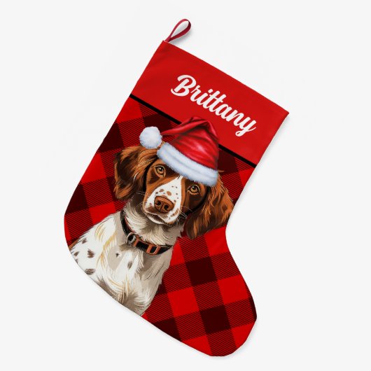 Brittany Spaniel Red Buffalo Plaid Gepersonaliseer Grote Kerstsok (Voorkant (Hangend))