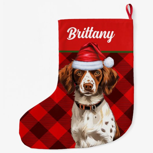 Brittany Spaniel Red Buffalo Plaid Gepersonaliseer Grote Kerstsok (Achterkant)