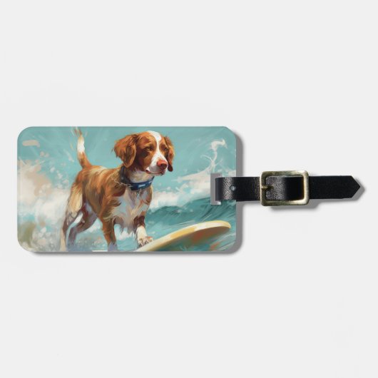 Brittany Spaniel Strand Surfen Schilderij Bagagelabel (Voorkant horizontaal)