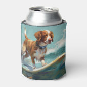 Brittany Spaniel Strand Surfen Schilderij Blikjeskoeler (Blikje Voorkant)