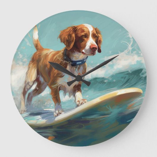 Brittany Spaniel Strand Surfen Schilderij Grote Klok (Voorkant)