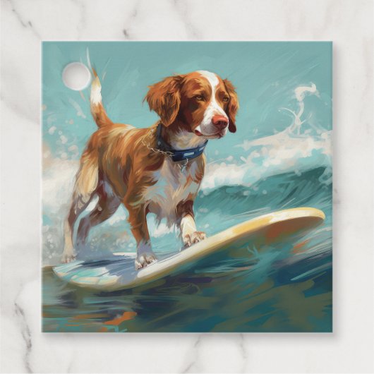 Brittany Spaniel Strand Surfing Schilderij Bedankjes Labels (Voorkant)