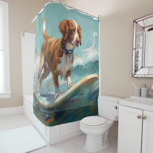 Brittany Spaniel Strand Surfing Schilderij Douchegordijn (In situ)