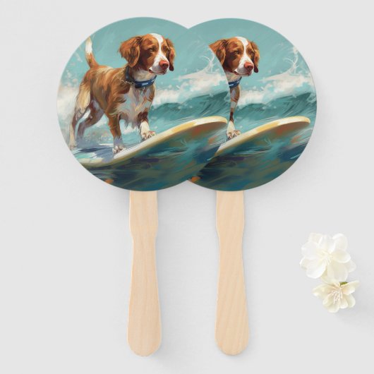 Brittany Spaniel Strand Surfing Schilderij Handwaaier (Voorkant en achterkant)