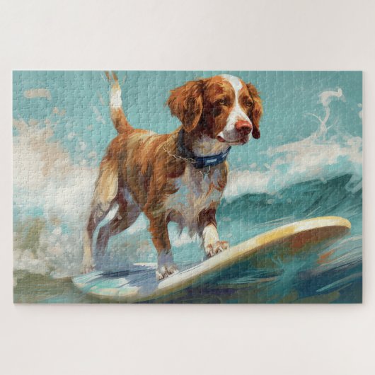 Brittany Spaniel Strand Surfing Schilderij Legpuzzel (Horizontaal)